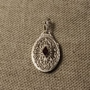 Vintage 10k White Gold  Filigree Pendant with Deep Amethyst Stone
